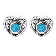 Synthetic Azure Blue Opal Celtic Love Heart Sterling Silver Stud Earrings - e366
